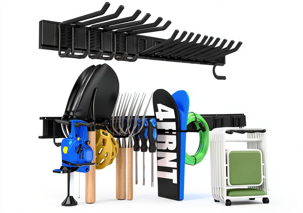 KOFANI garage tool organizer mounted on a wall with tools arranged neatly