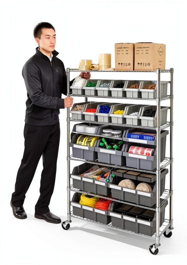 Seville Classics Gray Storage Bins Tiered Shelf with Wheels-1