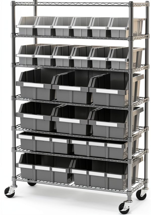 Seville Classics Gray Storage Bins Tiered Shelf with Wheels-0